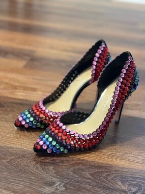 Jessica Simpson D’Orsay Multicolor Crystal Embellished Pointed Toe Stilettos